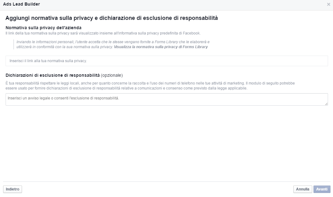 Normativa Privacy - Crea nuovo modulo - Guida Facebook Lead ADS 5
